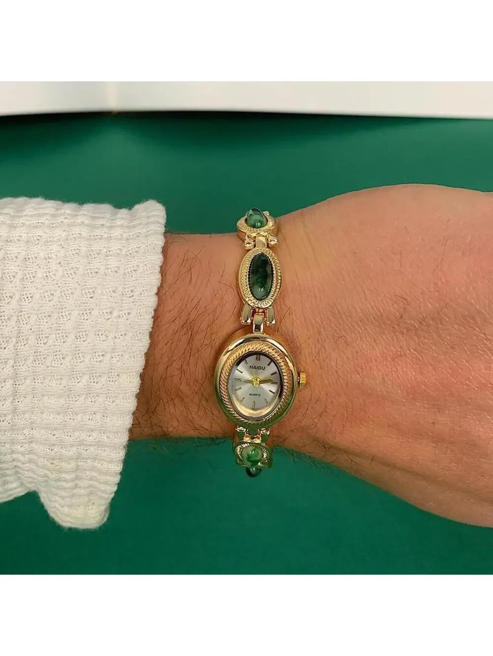 Y2K Gold Green Dainty Quartz Opal Jade Watch 8 Inch Unisex